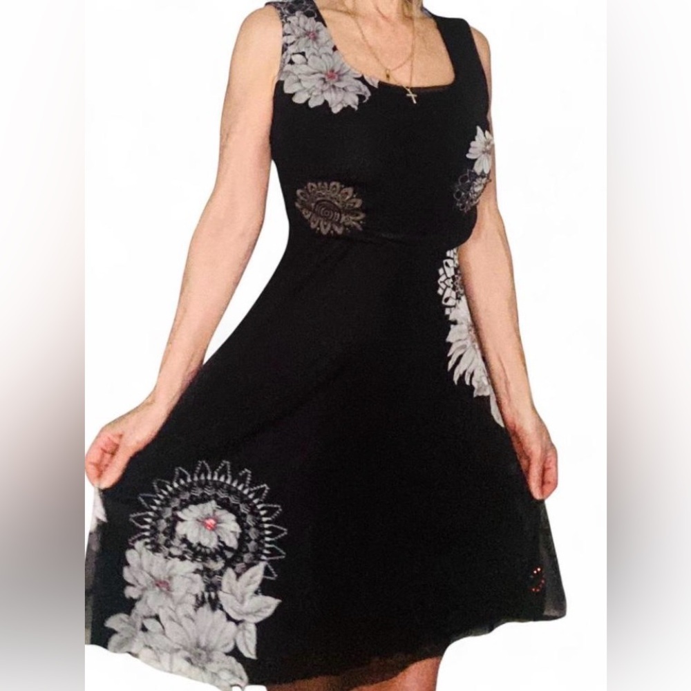 Desigual Black Floral Midi Dress with White & Gray Accents